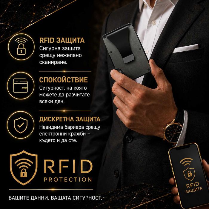 Минималистичен RFID защитен портфейл с щипка за банкноти