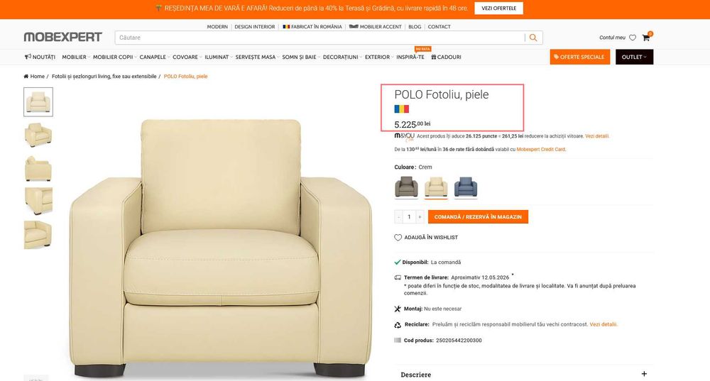 Canapea piele naturala extensibila Mobexpert + fotoliu + taburet gama POLO