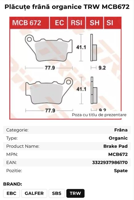 Plăcuțe frână organice TRW MCB672