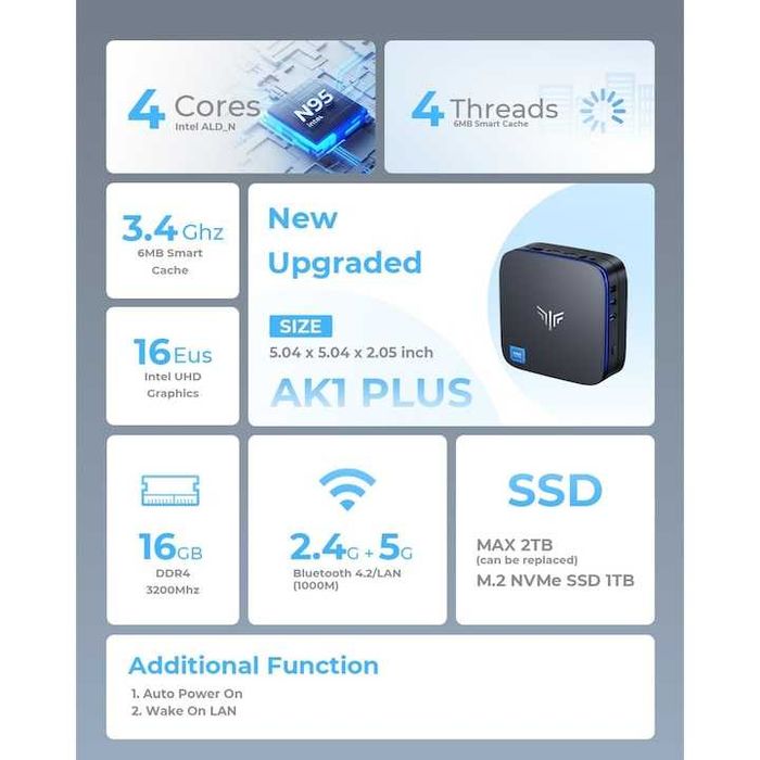 Mini PC NIPOGI AK1 PLUS – Intel N95 – 16GB RAM – 1TB SSD – Windows 11