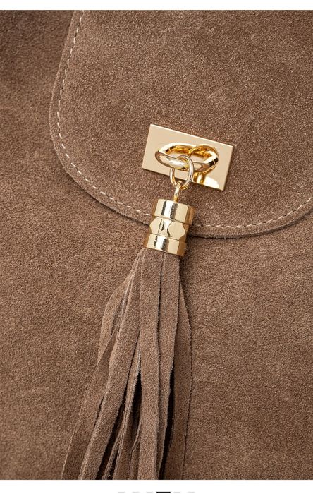 Голяма кожена чанта торба естествен велур кафява camel ресни дръжки