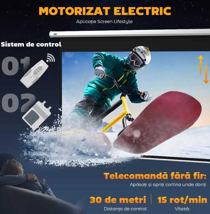 HOMCOM Ecran de Proiecție Motorizat 100" 16:9 cu Telecomandă, 251x8x168 cm, Alb. Este nou si sigilat.