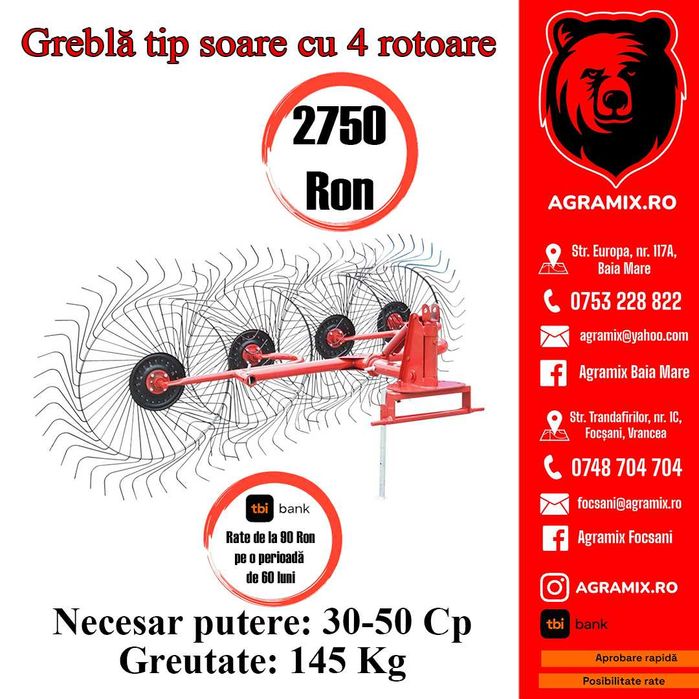Grebla tip soare cu 4 rotoare 1.40m utilaj nou