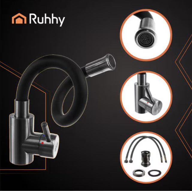 Baterie chiuveta bucatarie, 360°, comutator debit, Negru/Argintiu