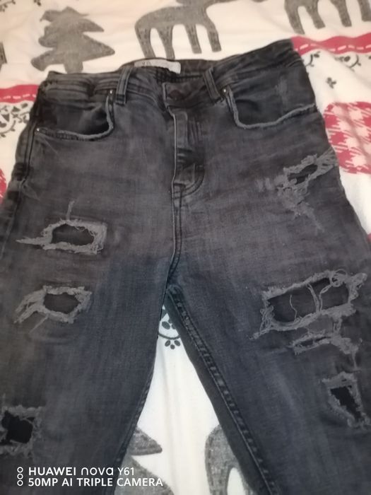 Дамски дънки сиви, Zara Jeans с накъсан ефект, размер 38