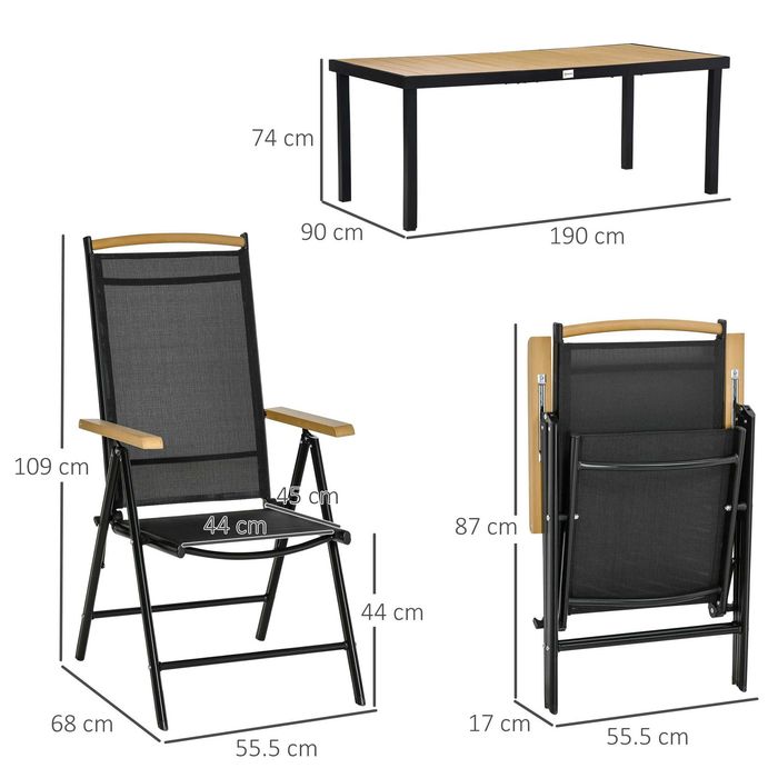Outsunny Set Mobilier de Gradina si Terasa, 7 Piese, Masa cu Blat din Sticla si 6 Scaune Pliabile, Reglabile din Textilena, Rezistent la Intemperii