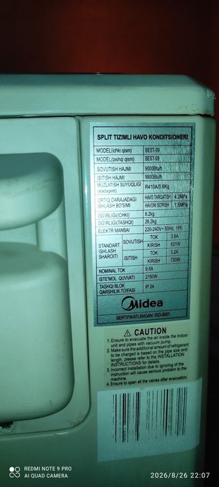 Midea 9 tali sotiladi. O'rnatishi bilan