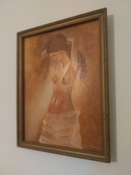 Tablou original – „Nud feminin” – ulei pe pânză, 40×30 cm, semnat Th. Alexis, ramă din lemn