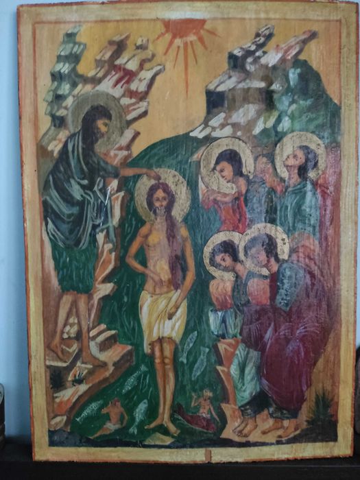 Голяма, дървена, ръчно рисувана икона Кръщението на Христос