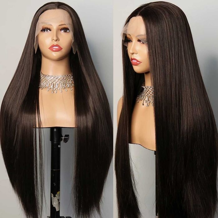 Дълга права тъмнокафява дантелена перука Lace Front 13x6