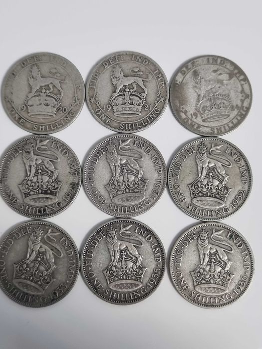 Lot 9 monede Anglia Marea Britanie 9 x 1 shilling 1920-1936 argint