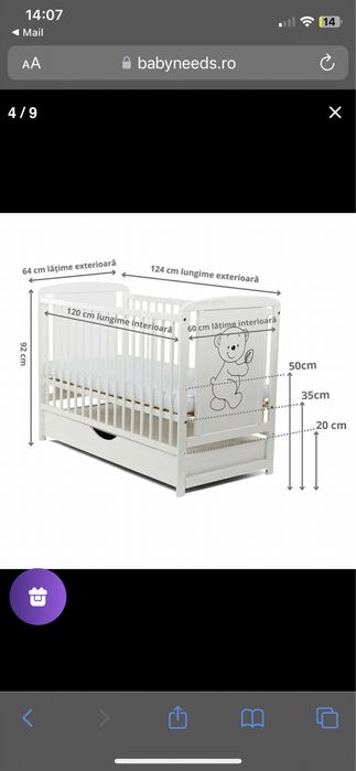 Vand Pătuț bebe + saltea + baldachin  toate NOI