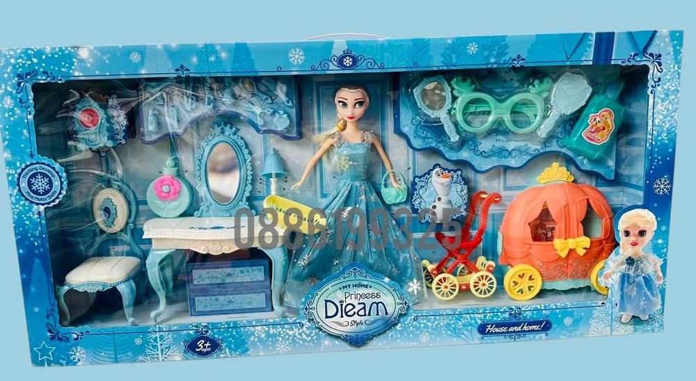 Голям комплект Елза от „Замръзналото кралство“ с каляска, мебели и акс