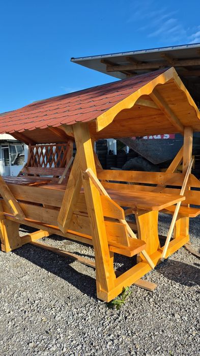Leagăn  si foișore lemn rotund masiv rustic