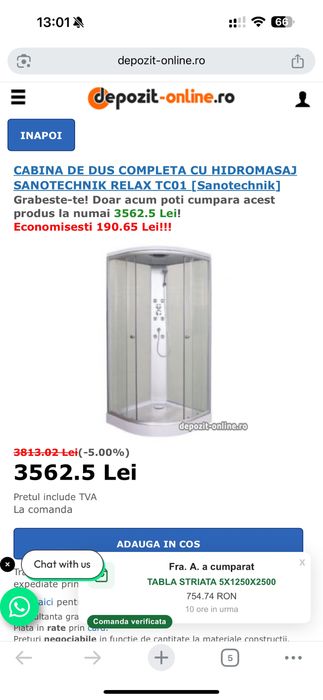 Cabina dus Sanotechnik TC01 cu hidromasaj | Noua | Set complet | 1.200 lei
