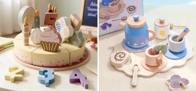 Дървени играчки за рязане :дървена торта ,дървена стойка с десерт,дървена пица , сервиз за чай / кафе