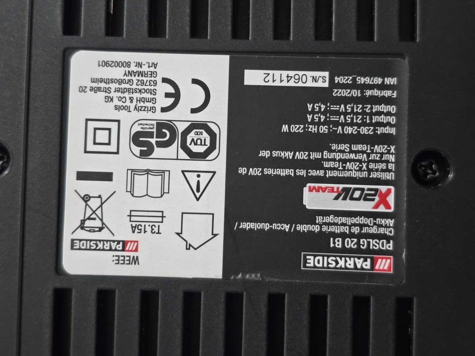 Incarcator dublu rapid Parkside PDSLG 20 B1 20V mufa EU 2 pini 2x4.5A IAN 497645