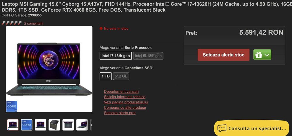 Laptop Gaming MSI Cyborg 15 A13VF cu procesor Intel® Core™ i7-13620H