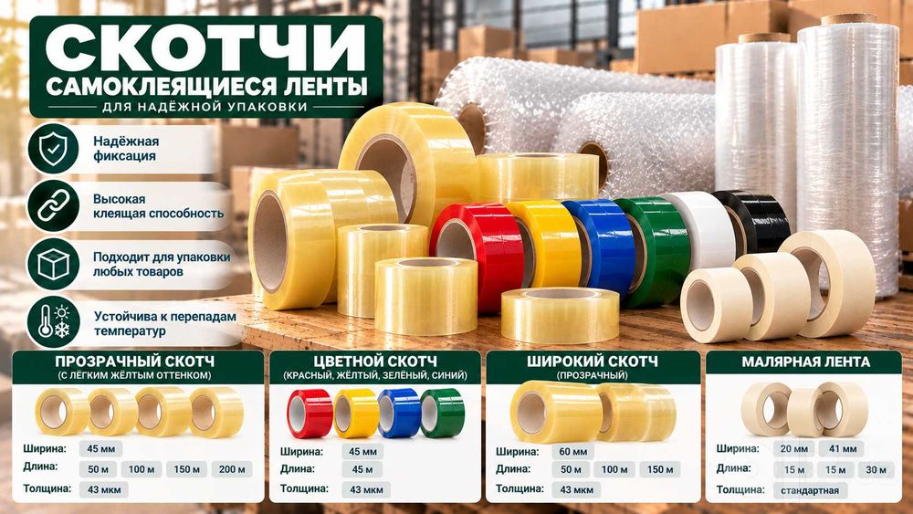Скотч самоклеящийся (упаковочный) — прозрачный, цветной, малярный