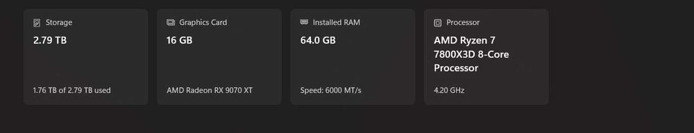 Геймърски компютър 7800x3d, 64GB Ram ddr5 6000, 9070XT 16gb, 3tb SSD