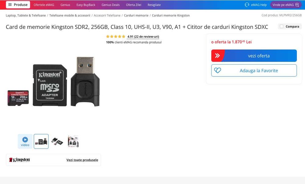 Card memorie Kingston Canavas React Plus  256GB  microSD  UHS-II