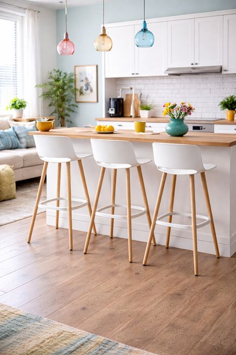 Set 3 scaune de bar moderne, stil scandinav, alb & lemn – stare foarte