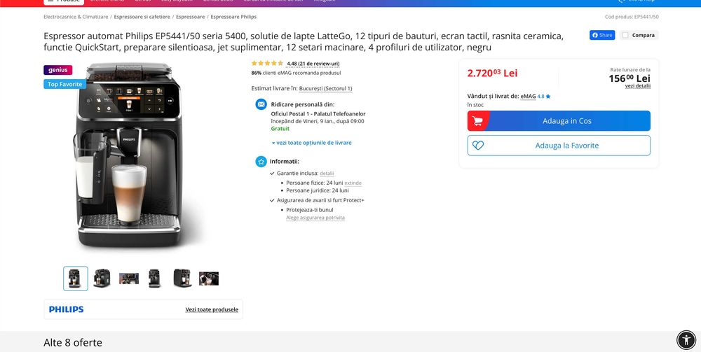 Philips 5400 series LatteGo, ecran tactil, rasnita ceramica NOU