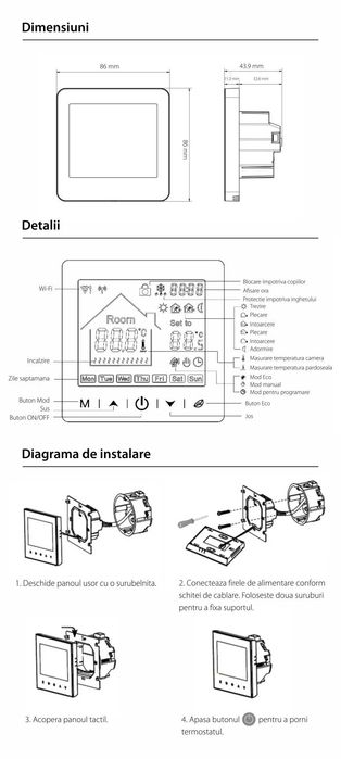 Termostat Wi-Fi BeOk pentru centrala termica pe gaz si pardoseala  Cod produs: TR9B-WIFI-WPB