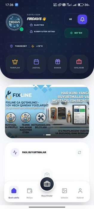 Yangi FixLine ilovasi Ustalar va  mijoz uchun