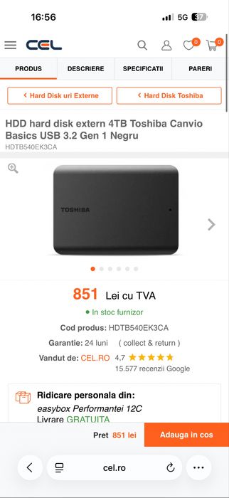 HDD hard disk extern 4TB Toshiba Canvio Basics USB 3.2 Gen 1 Negru - NOU