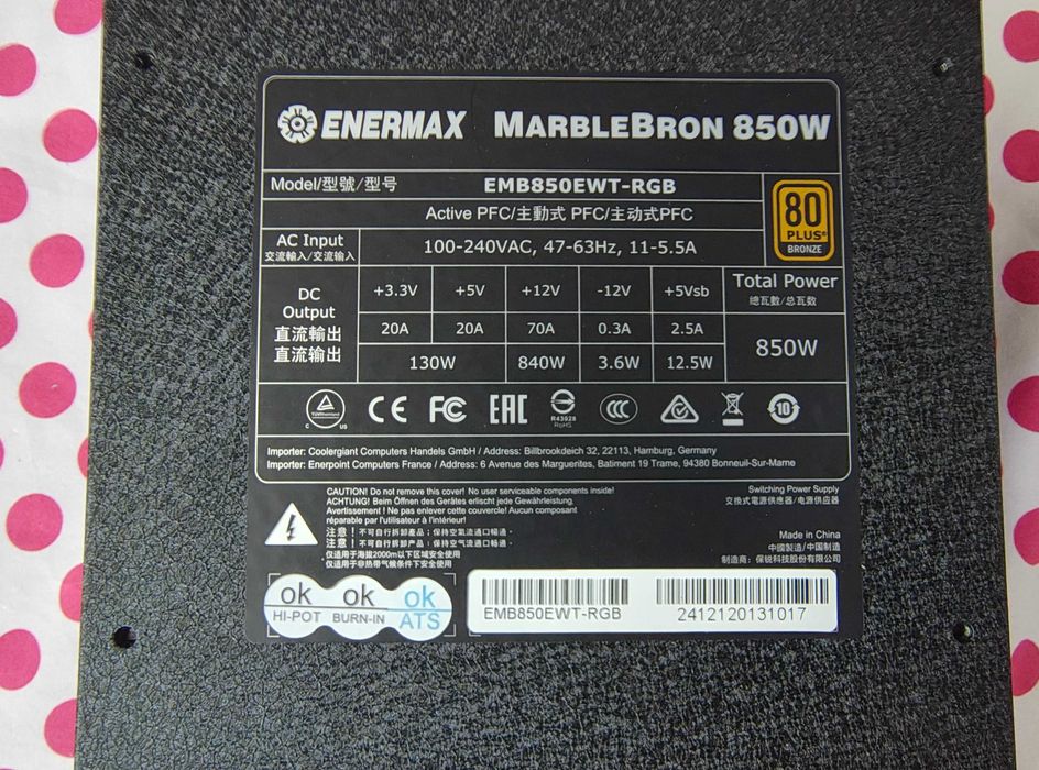 Sursa PC Enermax MarbleBron RGB, 80+ Bronze, 850W.