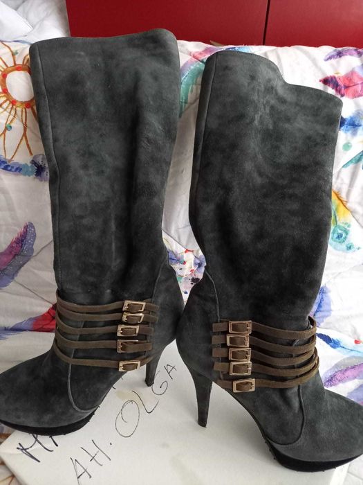 Vand cizme de piele intoarsa gri petrol nr 37 brat 24 cm, italienesti