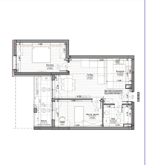 Apartament 3 camere 60 mp Scala Frunzisului