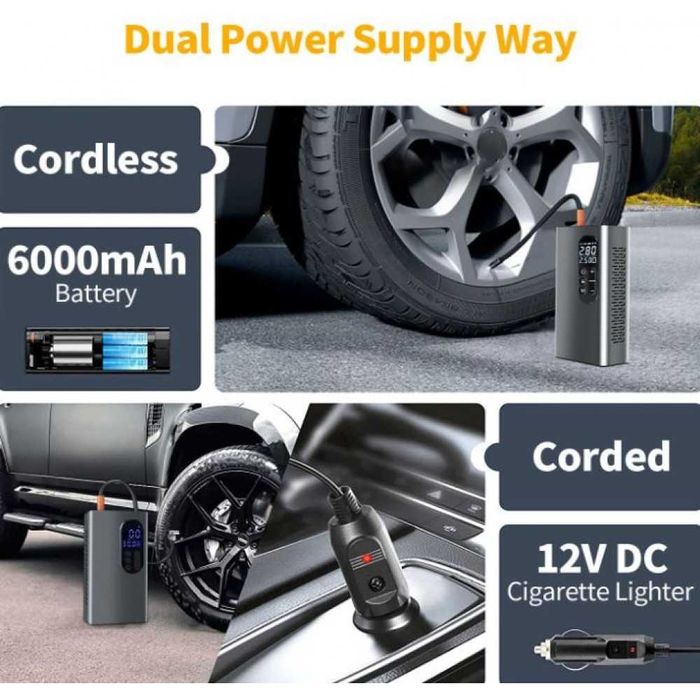 НОВ МОДЕЛ Мощен Безжичен преносим компресор 150 PSI, 6000mAh батерия