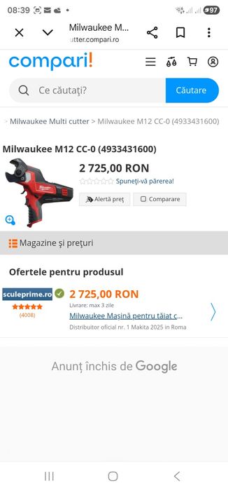 Masina de tăiat cabluri milwaukee m12cc-0