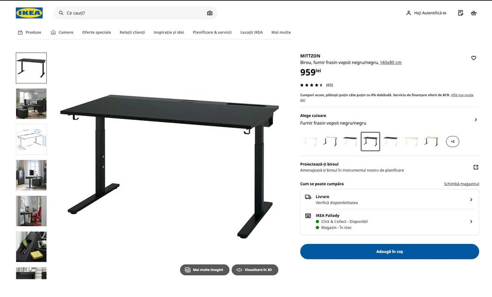 MITTZON Birou Ikea, furnir frasin vopsit negru, 140x80 cm