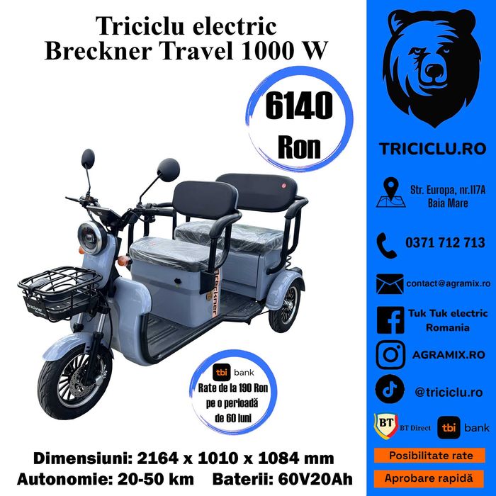 Triciclu electric tuk tuk omologabil Breckner Travel-2 nou Agramix