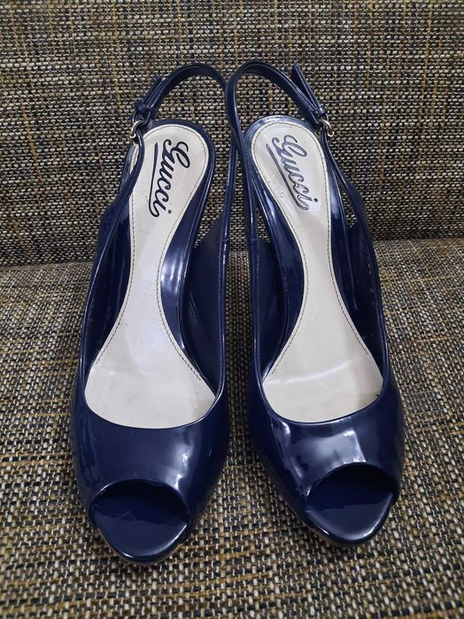 Gucci slingback peep-toe navy heels