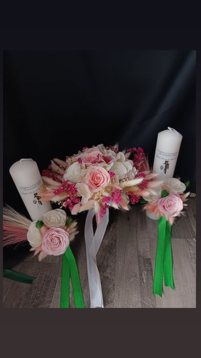 Set de 2 lumânări de cununie și buchet de mireasa