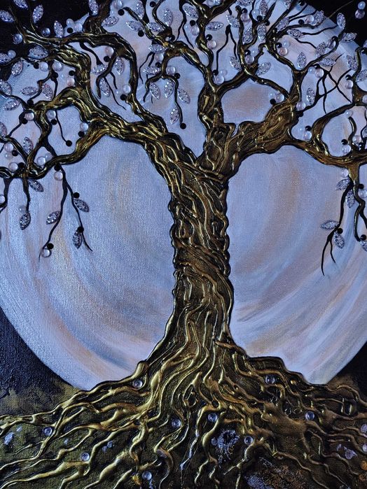 Уникална ръчна картина – златно дърво 70x50 см“