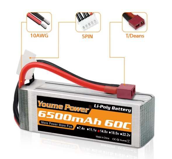 Youme 11.1V LiPo Battery, 3S RC Lipo Batteries 4500mAh 60C
