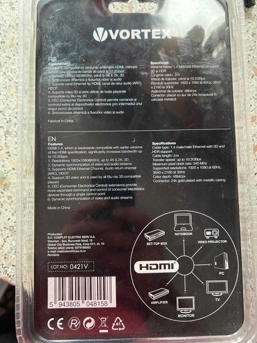 Cablu HDMI 3m placat cu aur, Vortex, nou