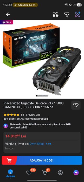 Placa video Gigabyte GeForce RTX™ 5080 GAMING OC, 16GB GDDR7, 256-bit,Garanție,Factură
