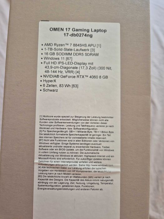 OMEN 17 Gaming Laptop 17-db0274ng (A4CU7EA) RTX 4060 - 17.3" - Full HD