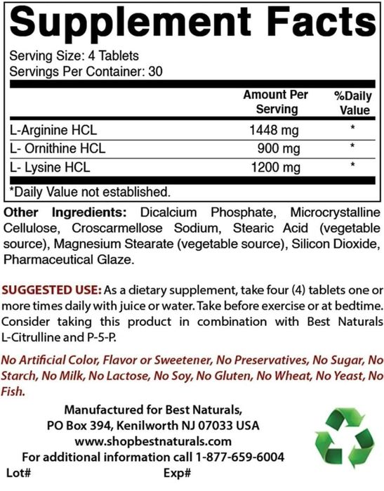 Tri Amino Best Naturals L аргинин L орнитин L лизин  120 таб USA