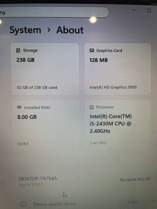 Продам ноутбук Acer 5749Z в комплектации 8Gb, i5-2430, 256Gb, Win11Pro
