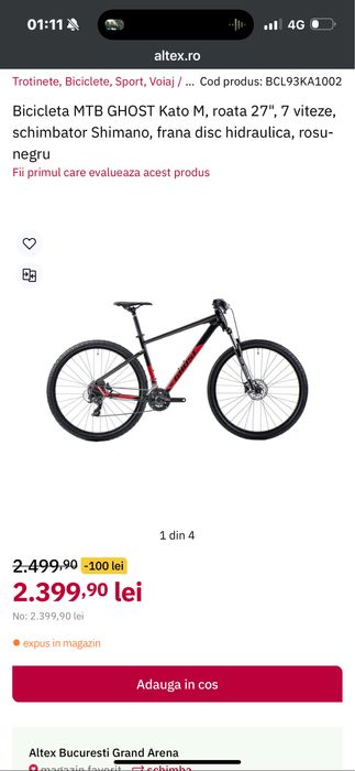 Bicicleta MTB GHOST Kato M, roata 27", 7 viteze, schimbator Shimano,