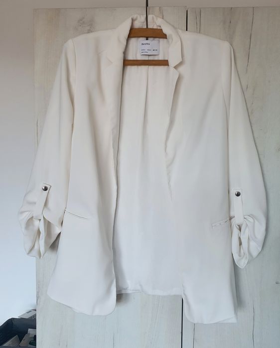 Sacou blazer alb Bershka S M lung elegant office casual căptușit