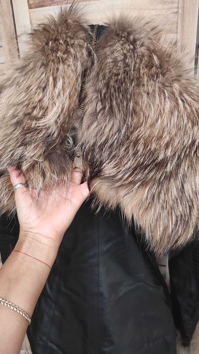 Палто естествена кожа  с естествен косъм