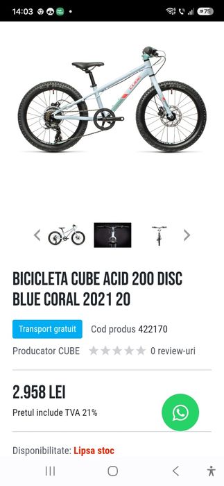 Bicicleta copii Cube  20 Frână disc hidraulice  5 -8 ani